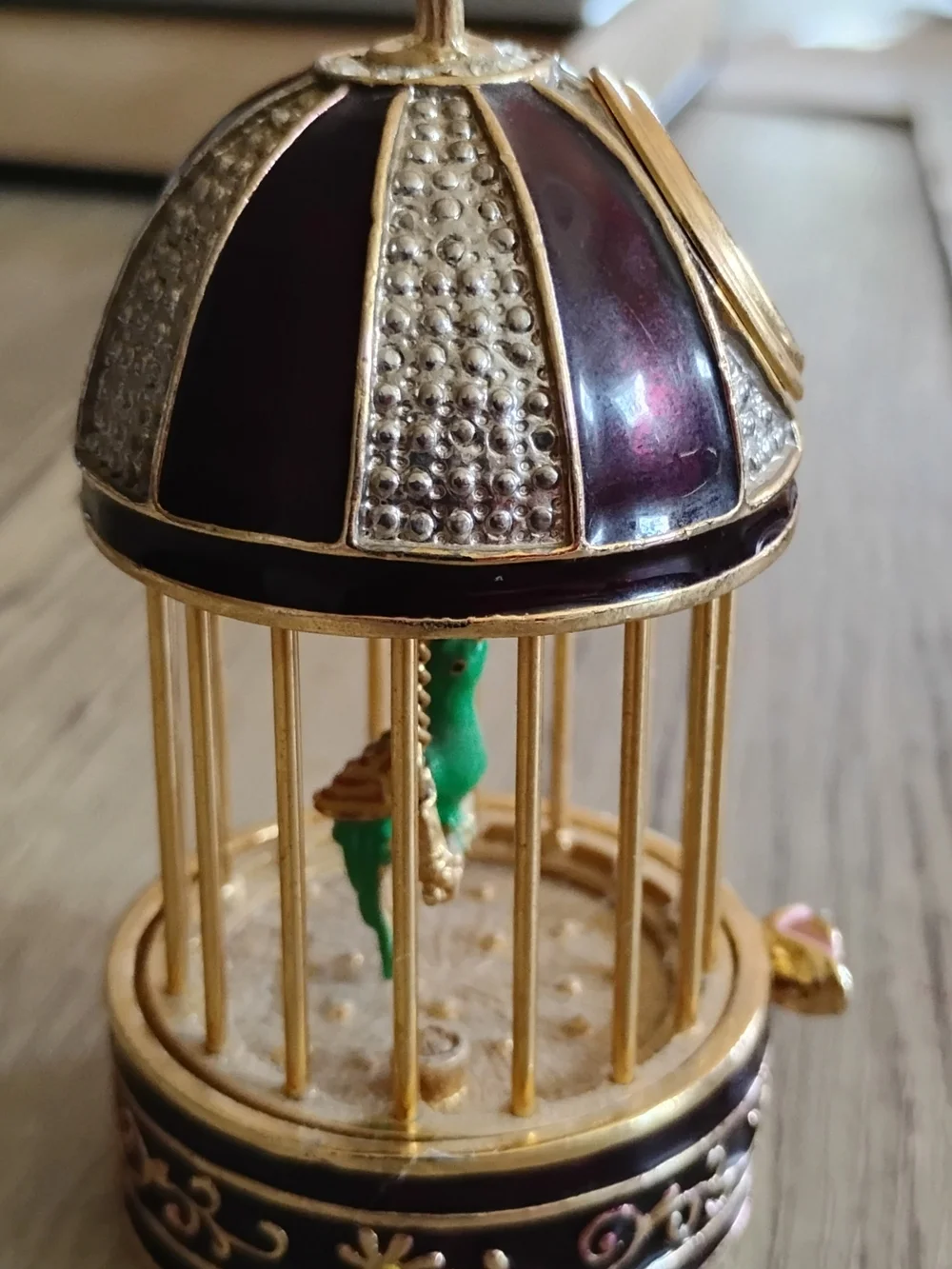 Elgin Clock Gold & Burgundy Enamel Birdcage With Green Bird On Swing Paperweight